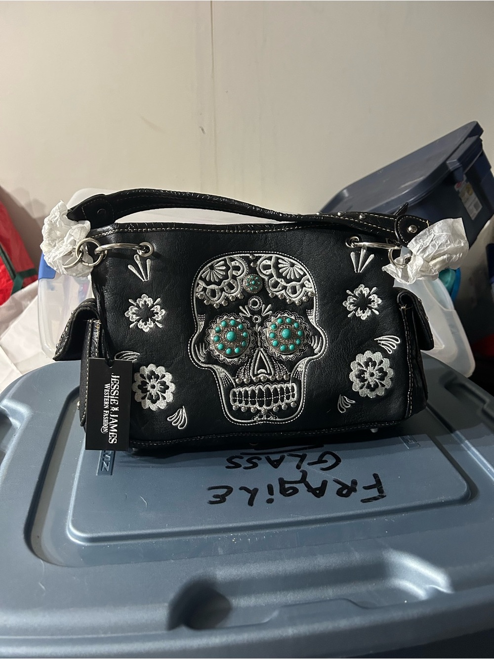 Black Sugar Skull Shoulder Bag with Turquoise Accents